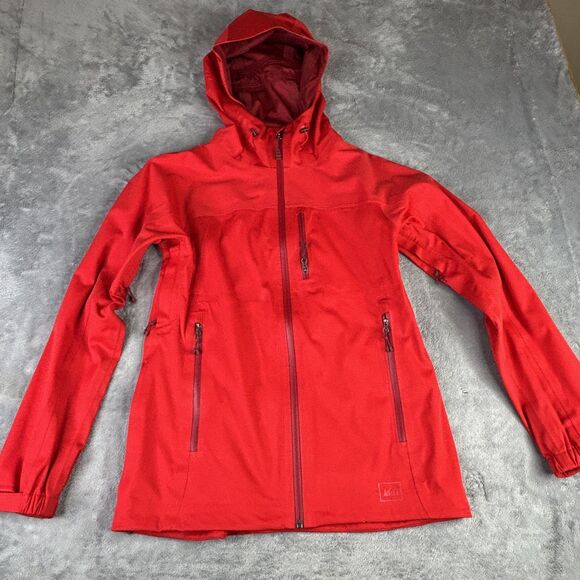 REI Elements E1 Jacket Womens Medium Red Hooded Softshell Full Zip Pit Zips - Picture 1 of 16